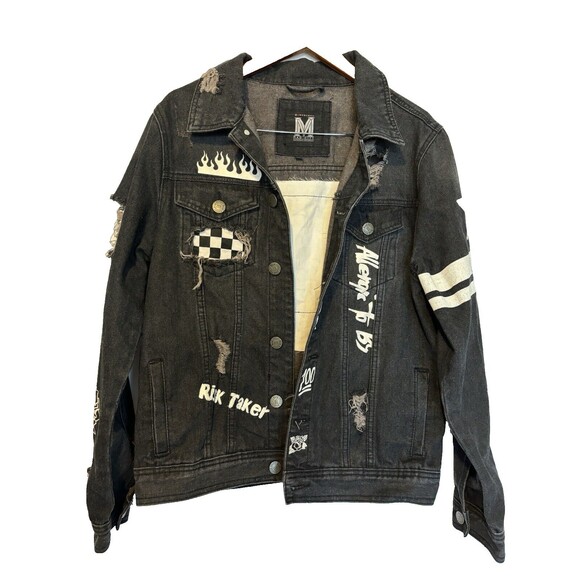 Men's M Society Mad City Politically Incorrect Washed Denim Distress Jacket Med - Picture 2 of 8